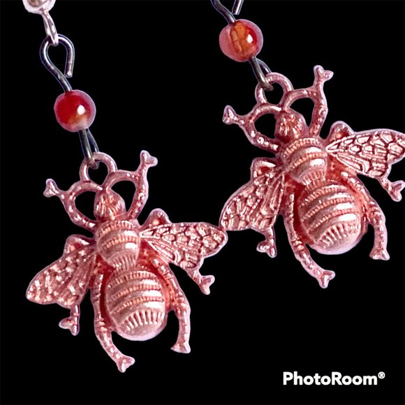 Carnelian Bead Bumble Bee Earrings Rose Gold Plated Dangle Queen Bea Orange - Picture 2 of 12